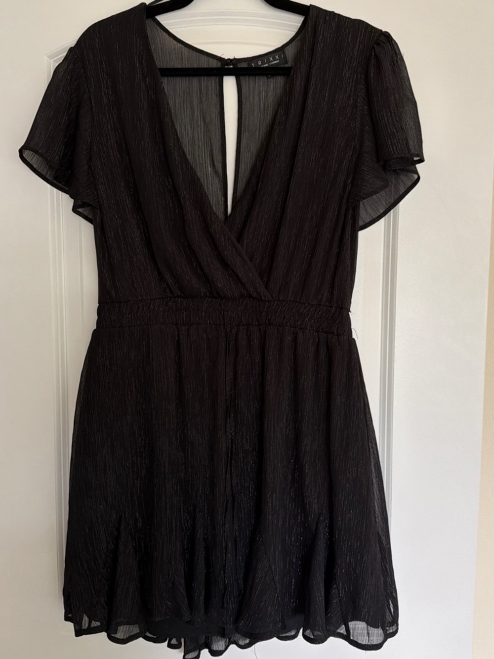 Black Shimmery V-Neck Flutter Sleeve Dress